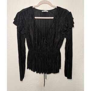 ZARA Black Pleated Tie Front Blouse Size S Ruffle Shoulder Long Sleeve Chic Top
